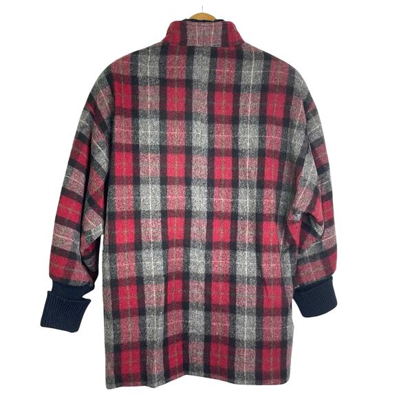 Vintage Wool Jacket Plaid Red Black Gray High Collar - Picture 2 of 12